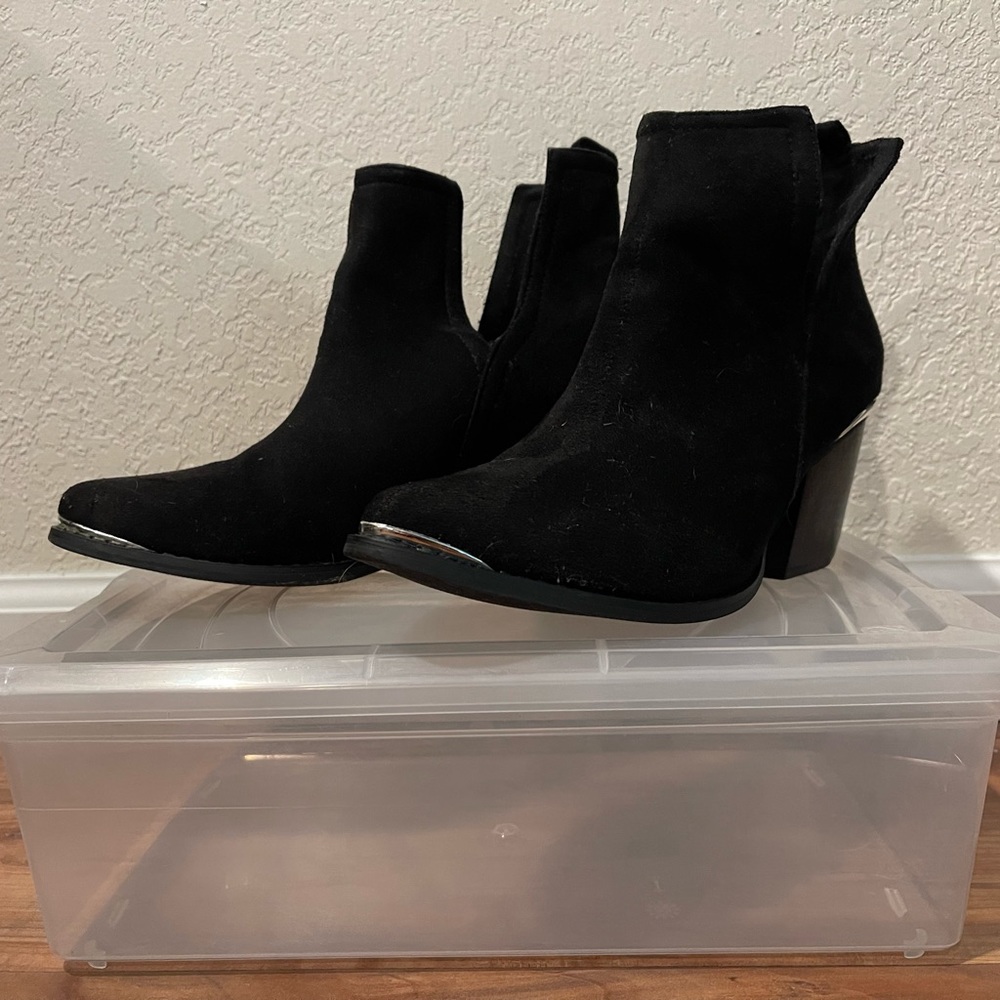 Brinley Co Faux Suede Stacked Wood Heel (Metal Detail) Side Slit Booties